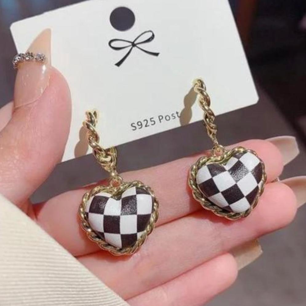 B&W Checkered Love Earrings
