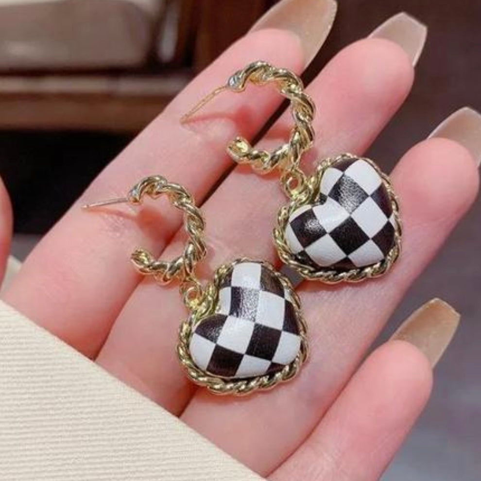 B&W Checkered Love Earrings